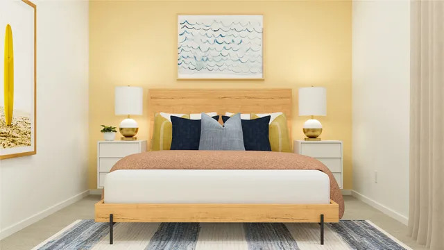 a bedroom with furniture and a potted plant