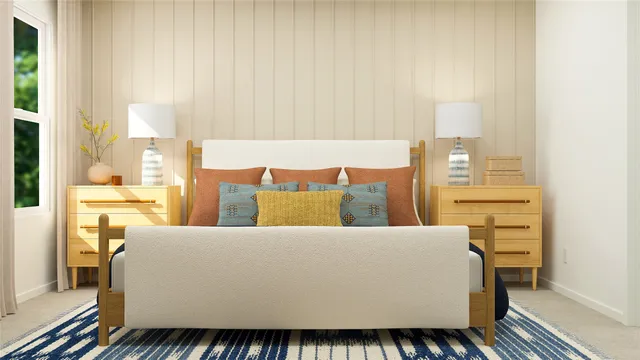 a bedroom with a bed and a potted plant