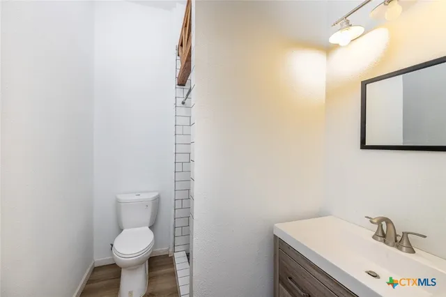 a bathroom with a sink a toilet and mirror