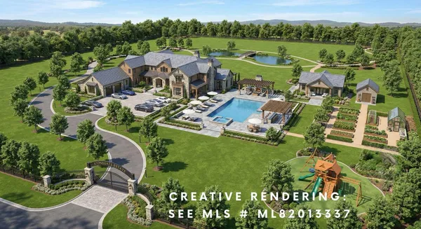 an aerial view of a house with garden space and outdoor seating