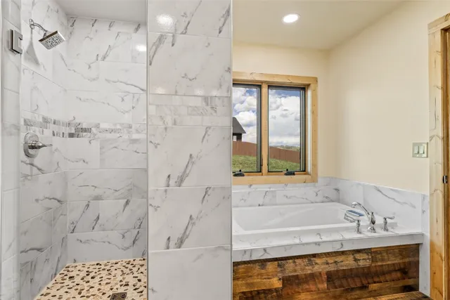 a bathroom with a bathtub and a shower