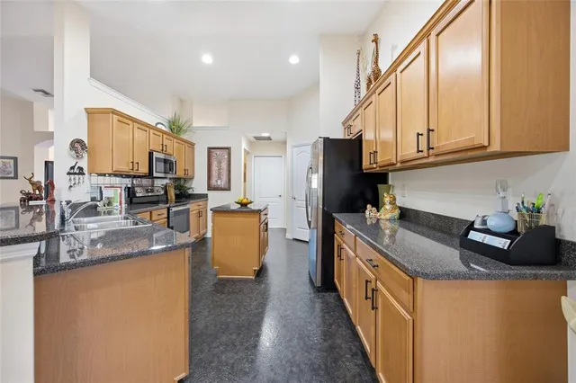 a kitchen with granite countertop a sink a counter top space stainless steel appliances and cabinets