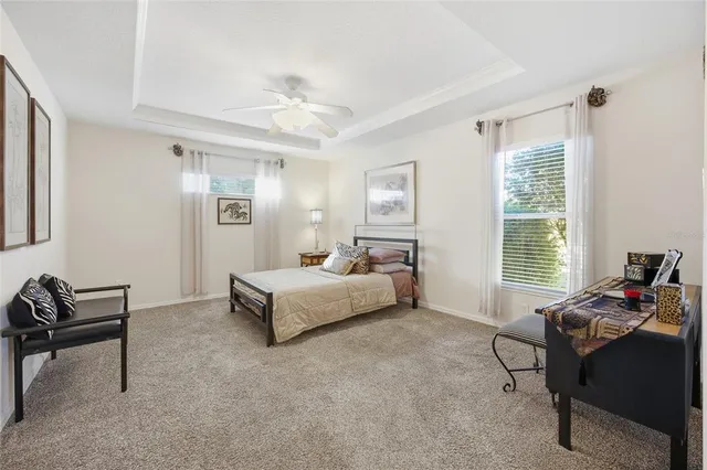 a spacious bedroom with a bed and a couch