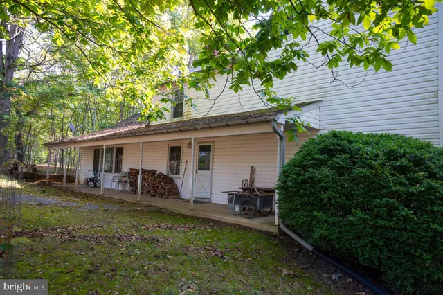 a view of a backyard with large trees and a barn