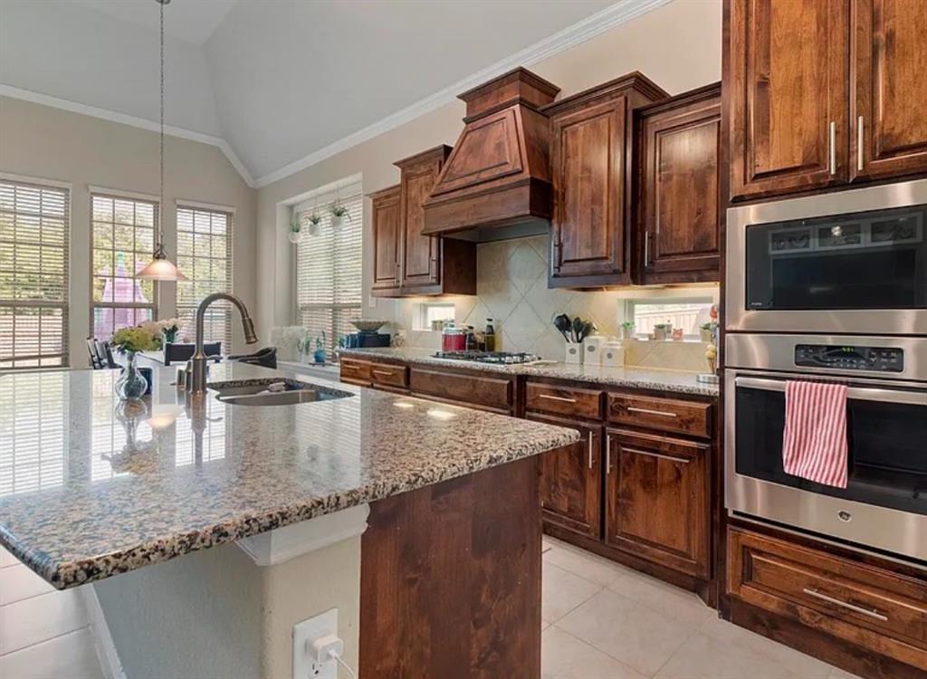 800 Gray Hawk Lane Euless, TX 76039 - Photo 6 of 8 Kitchen featuring ornamental molding, hanging light fixtures, tasteful backsplash, double oven, and lofted ceiling