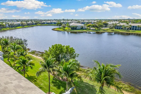 a view of a lake with a city