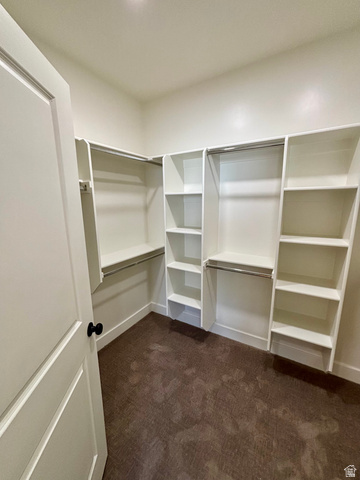1184 West 3250 North Ogden, UT 84414 - Photo 36 of 69 master walk-in closet featuring built-in white shelving, hanging rods, recessed lighting, a paneled door with a black knob, and carpet flooring