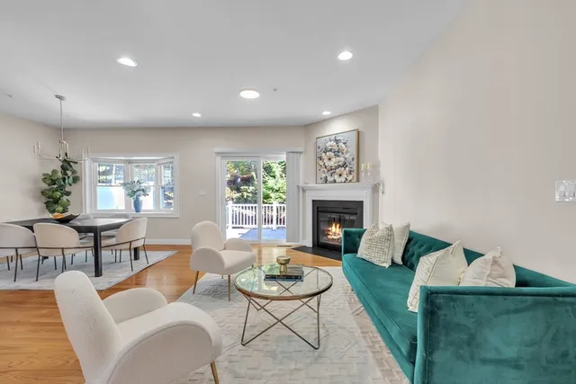 a living room with furniture a rug and a fireplace