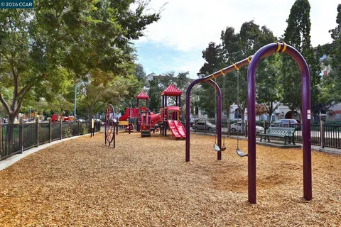 a view of a park with large trees