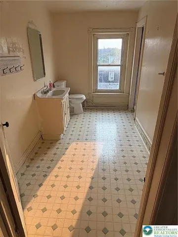 a bathroom with a sink a toilet and a mirror
