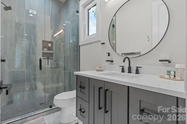 a bathroom with a sink a toilet and a mirror