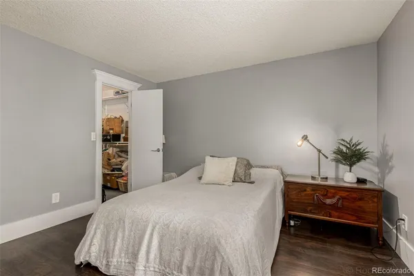 a bedroom with a bed and closet