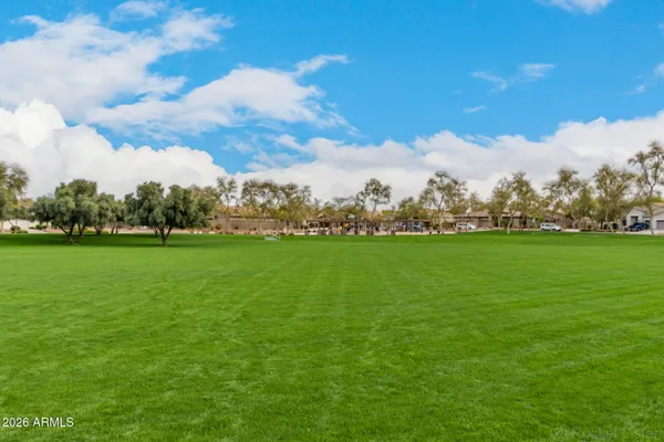 a view of yard with grass & mountain