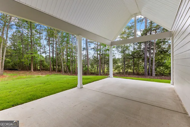 a view of a park with large trees