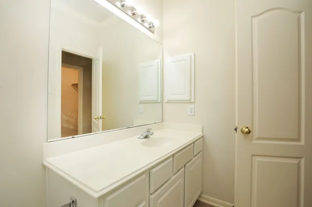 a bathroom with a sink a mirror and a shower