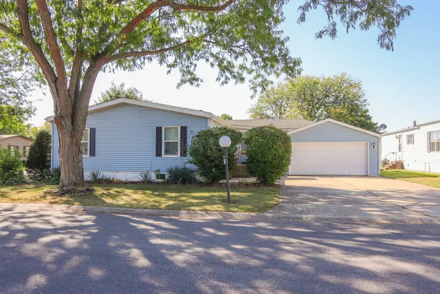 a view of a yard in front of a house with a large tree