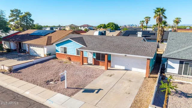 aerial view of a house with a patio