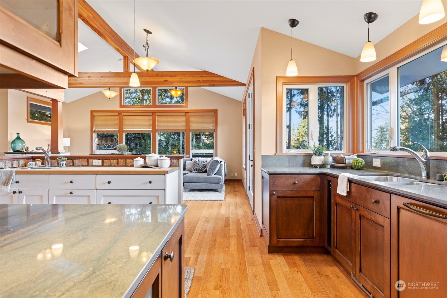 131 Hawthorn Road Bellingham, WA 98225 - Photo 9 of 40 a kitchen with stainless steel appliances kitchen island granite countertop a large window and a counter space
