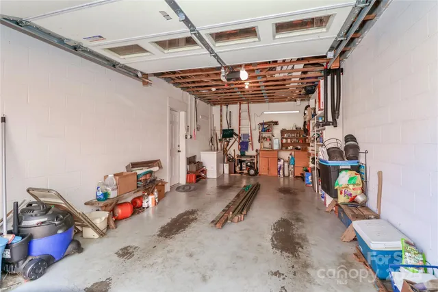 a view of a garage with storage