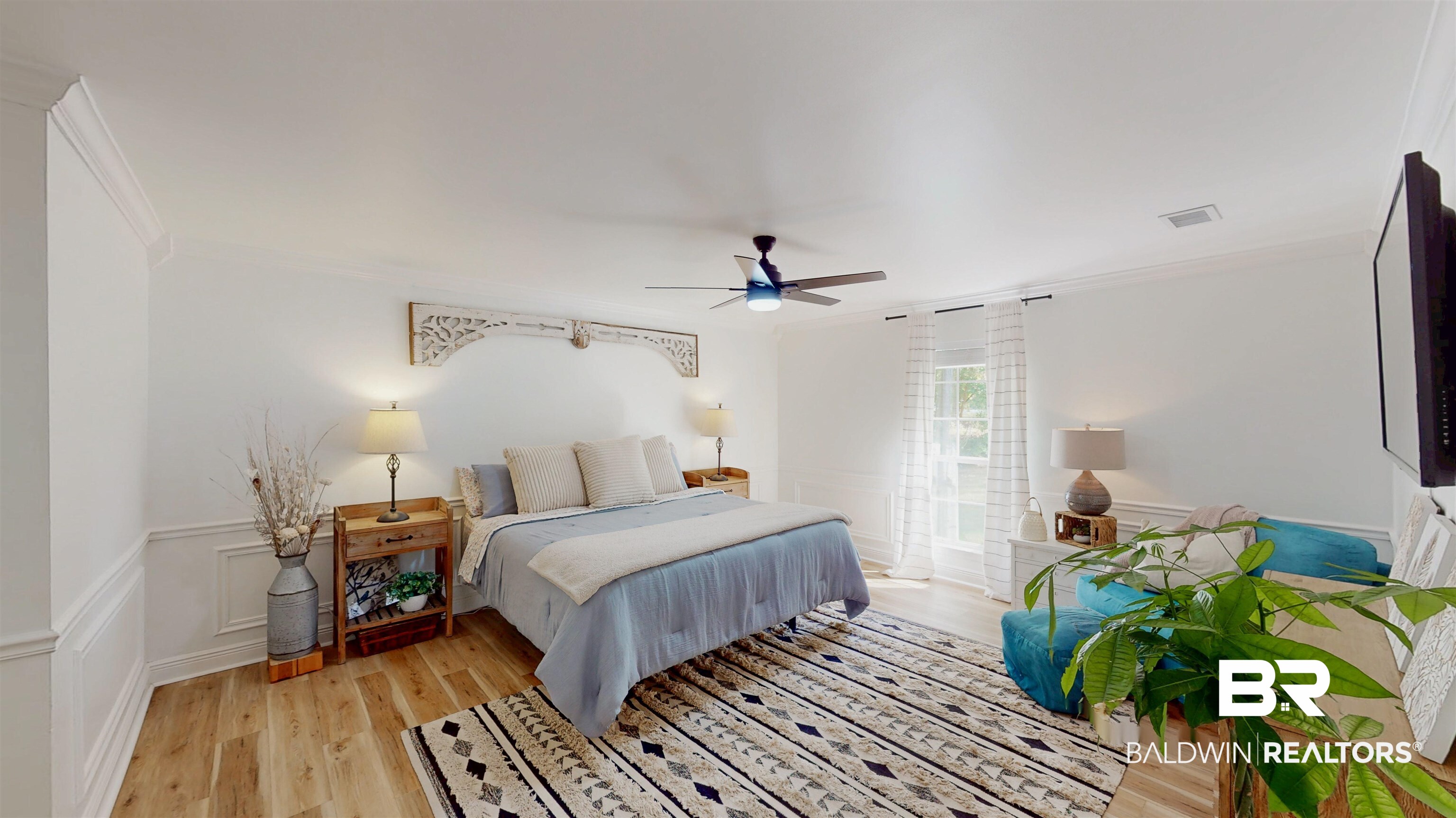 9902 Clarke Ridge Road Foley, AL 36535 - Photo 28 of 61 Bedroom with light wood finished floors, visible vents, crown molding, and a ceiling fan