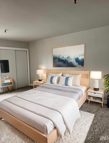 a bedroom with a bed and a couch