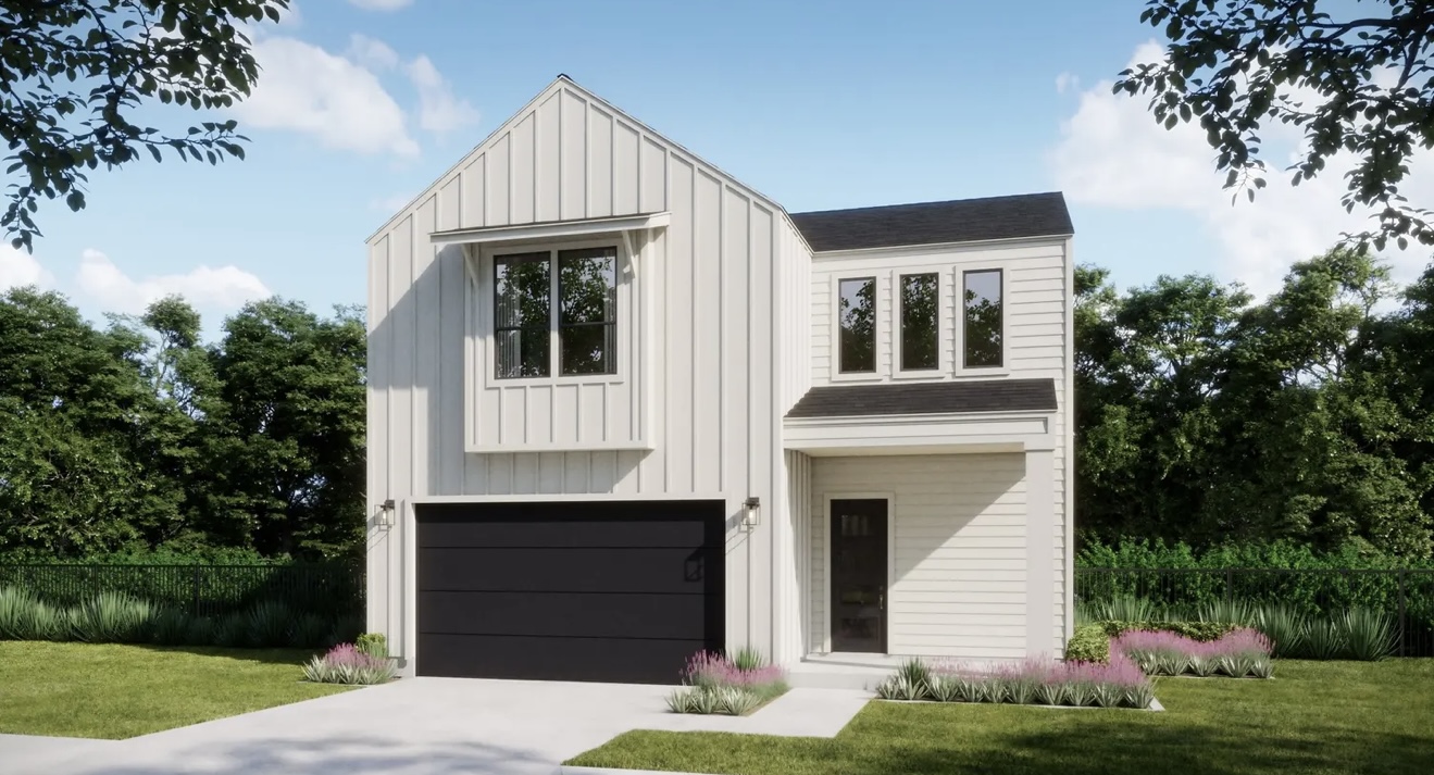 Modern inspired farmhouse with board and batten siding, a garage, and driveway