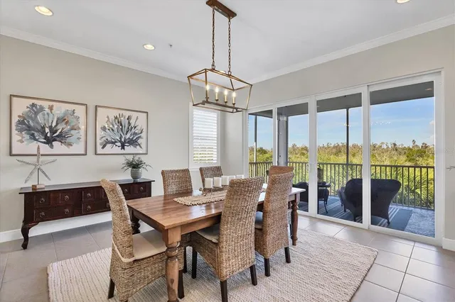 a view of a dining room with furniture window and outside view