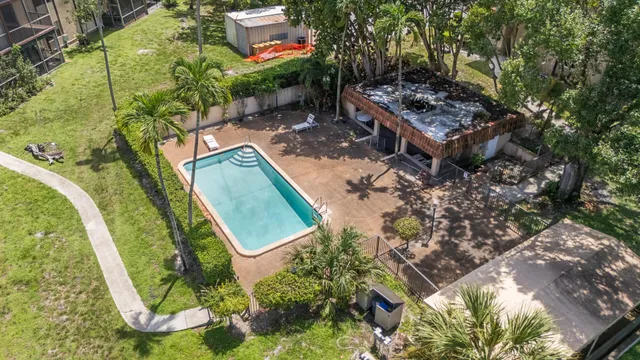 an aerial view of a backyard