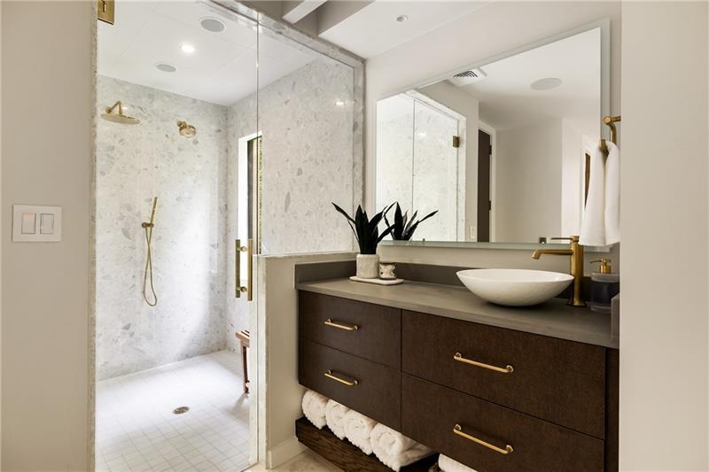 9650 Coleman Road Roswell, GA 30075 - Photo 39 of 97 a bathroom with a granite countertop sink a mirror and shower