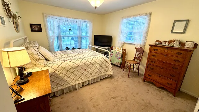 a bedroom with a bed and furniture