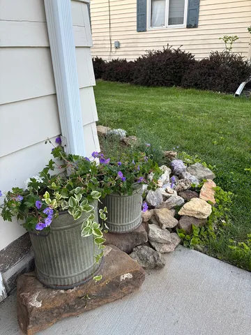 a view of a chair and table in backyard with potted plants