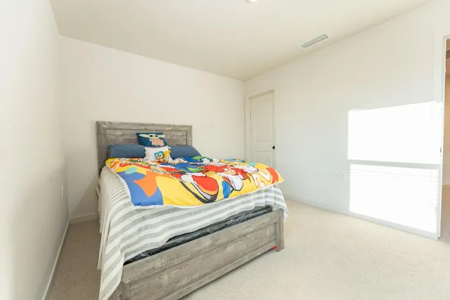 a bedroom with a bed and window