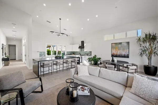 a living room with furniture kitchen view and a potted plant