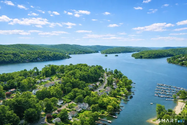 a view of a lake with a city