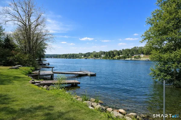 a view of a lake with houses in the back