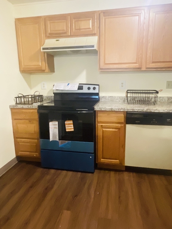 11 Gibbs Street, Unit A6 Worcester, MA 01607 - Photo 12 of 14 a kitchen with stainless steel appliances granite countertop a stove a sink and a microwave
