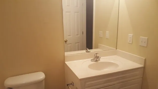 a bathroom with a sink a toilet and a mirror
