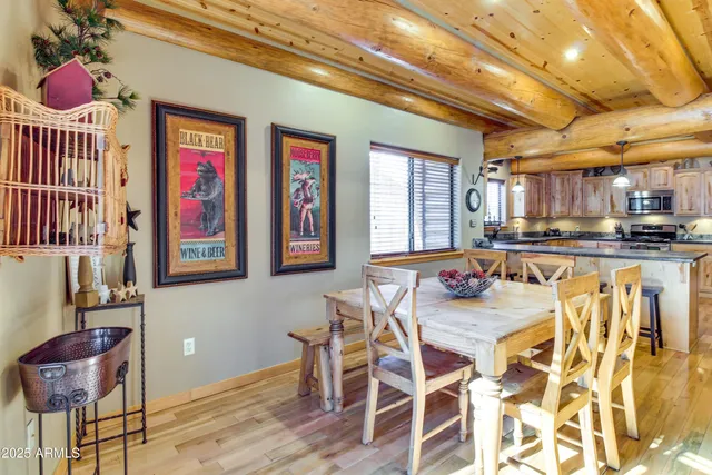a view of a dining room with furniture