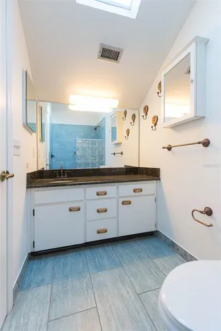 a bathroom with a sink a toilet and mirror