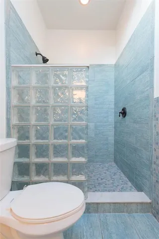a bathroom with a toilet and a shower