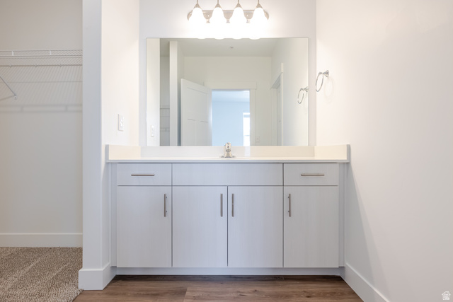 675 West 4500th South, Unit P302 Mapleton, UT 84664 - Photo 9 of 16 Vanity with white cabinetry, a light-toned countertop, and a rectangular wall-mounted mirror