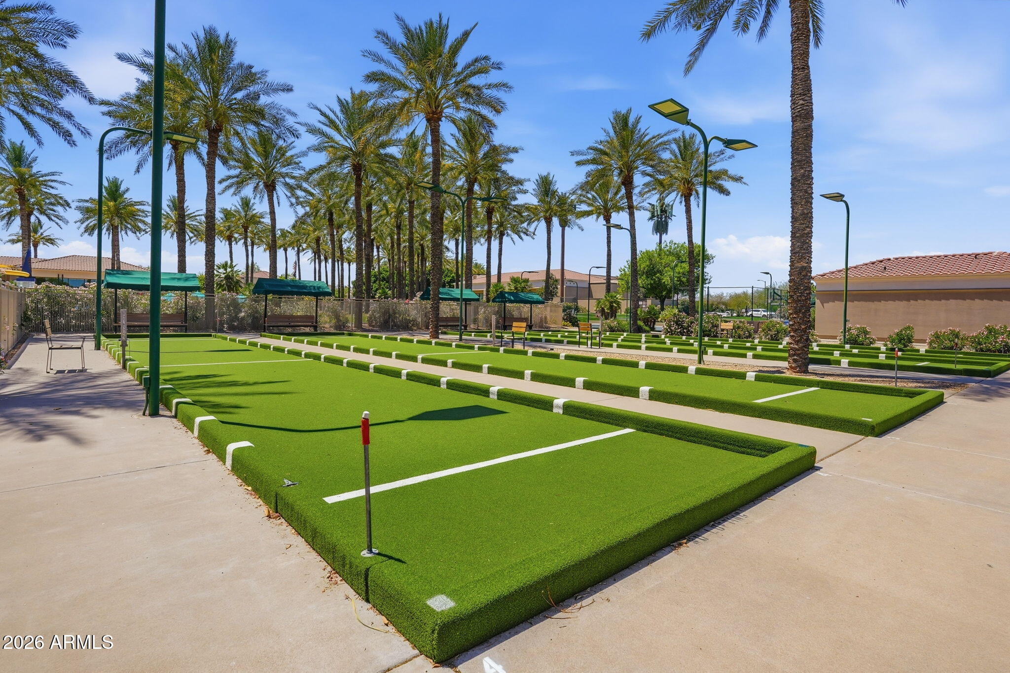 19113 North Hunters Run Surprise, AZ 85387 - Photo 39 of 45 a view of a swimming pool with a lawn chairs and palm tree