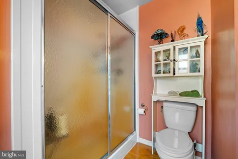 a bathroom with a toilet and a shower