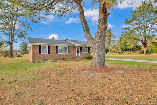 a view of a house with backyard and tree