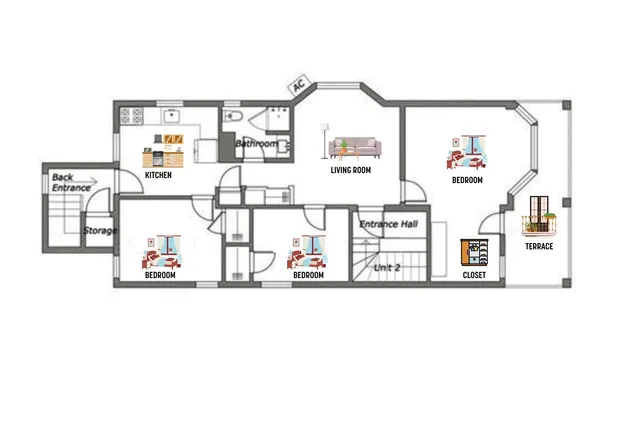 a picture of a building with a street sign and a mirror