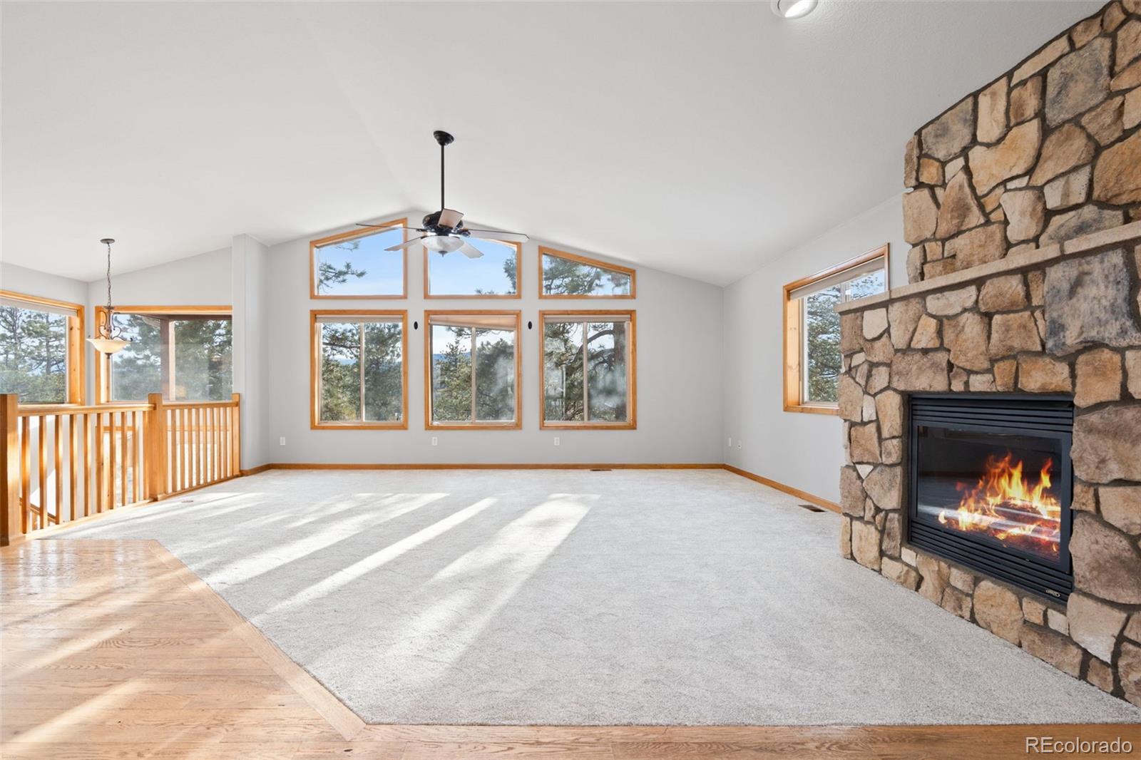 377 Deer Trail Drive Bailey, CO 80421 - Photo 6 of 44 a view of an empty room with wooden floor fireplace and a window
