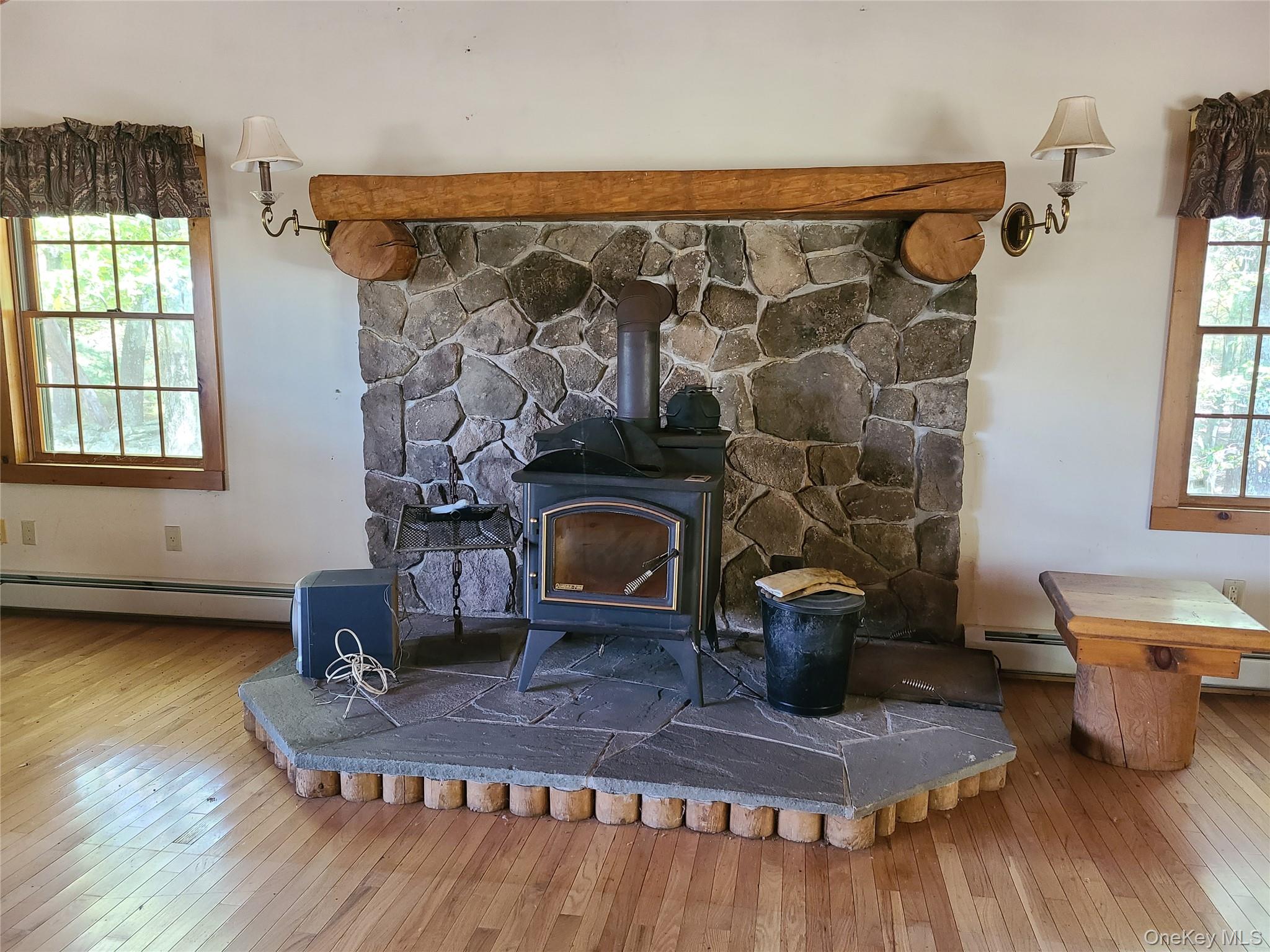 118 Hilltop Road Monticello, NY 12701 - Photo 9 of 45 Detailed view of a wood stove, wood finished floors, and a baseboard radiator