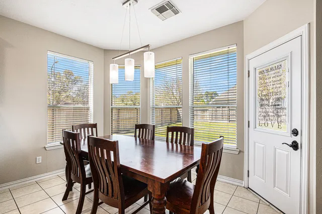 a view of a dining room with furniture window and outside view