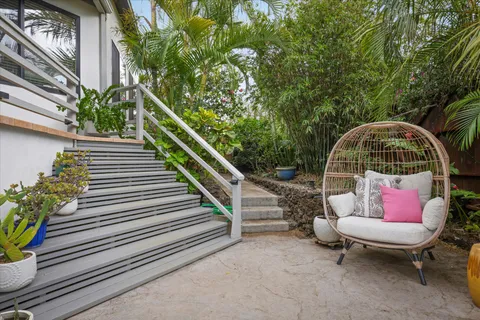 a view of a pathway with plants and large trees