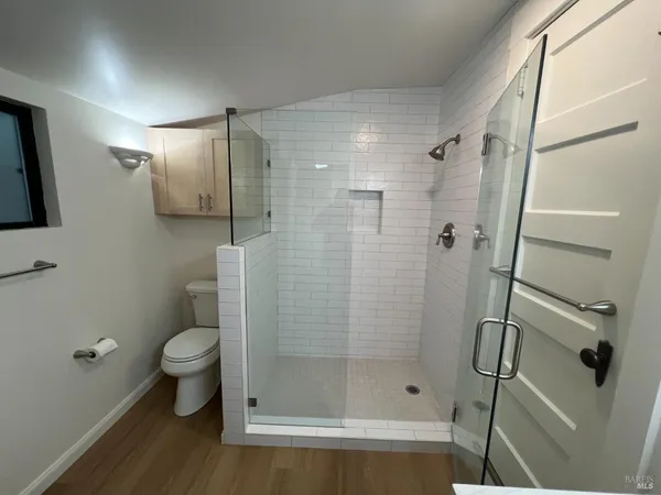 a bathroom with a shower and toilet